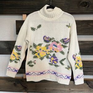 Vintage Interim chunky knit floral turtleneck sweater